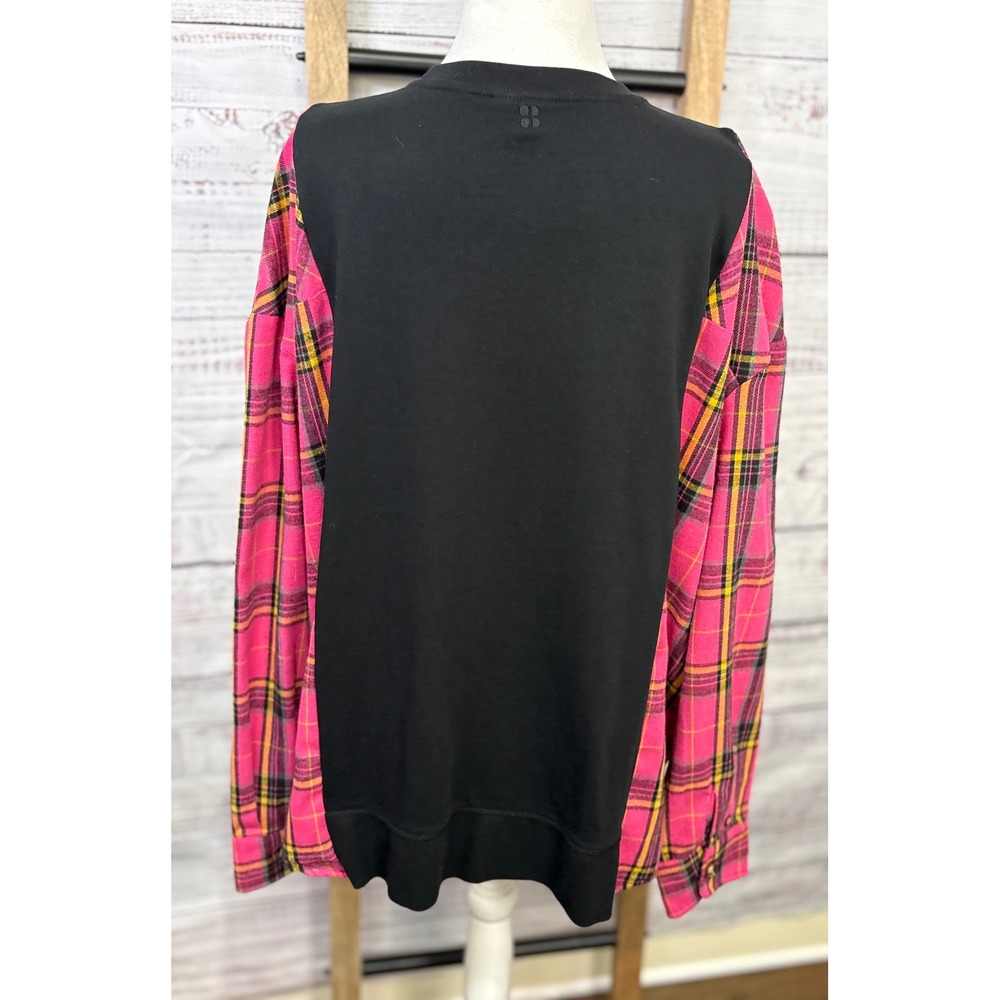 Upcycled Pink Plaid Flannel Sleeve Sweatshirt Oversized Pocket Top Fits up to XL - Picture 8 of 10